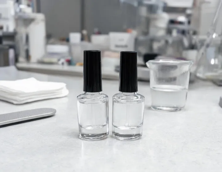 gel base coat and top coat on a cosmetics bench, illustration only